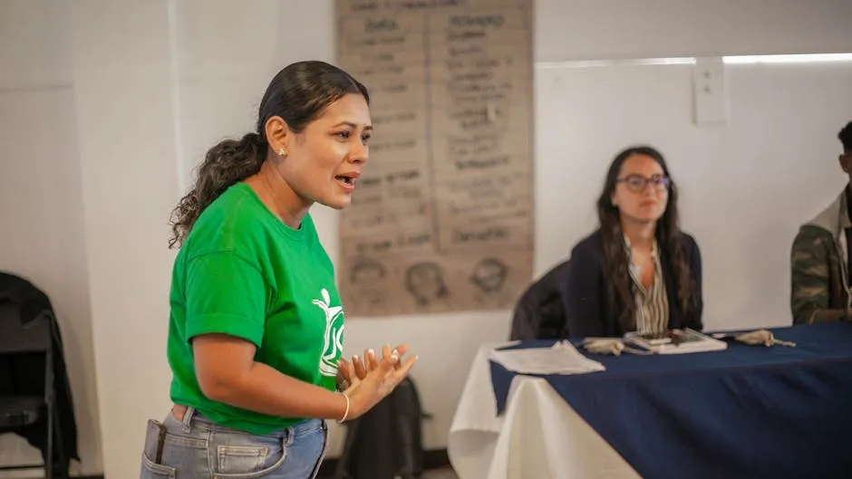Woman Speaking Passionately at Meeting