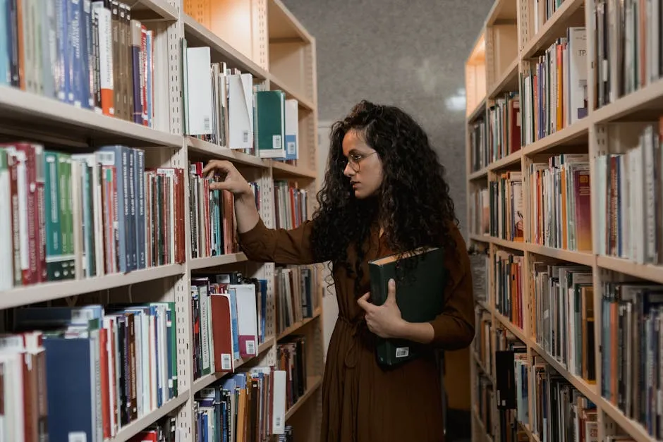 A Woman Choosing a Book on a Shelf