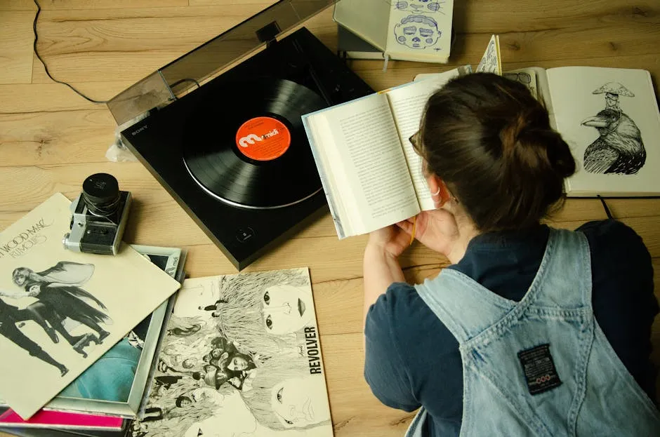 Woman Reading Book Among Vinyls
